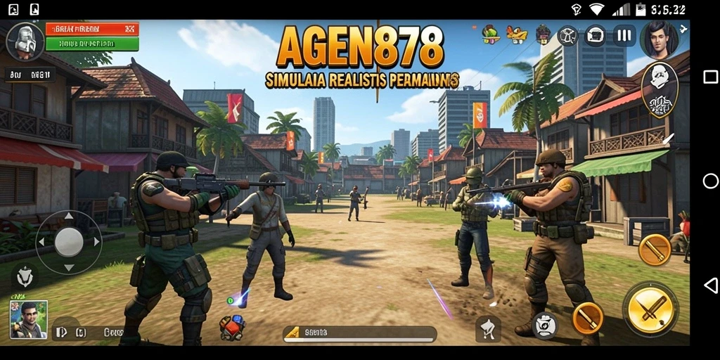 Screenshot utama AGEN878 menampilkan gameplay simulasi yang dinamis.