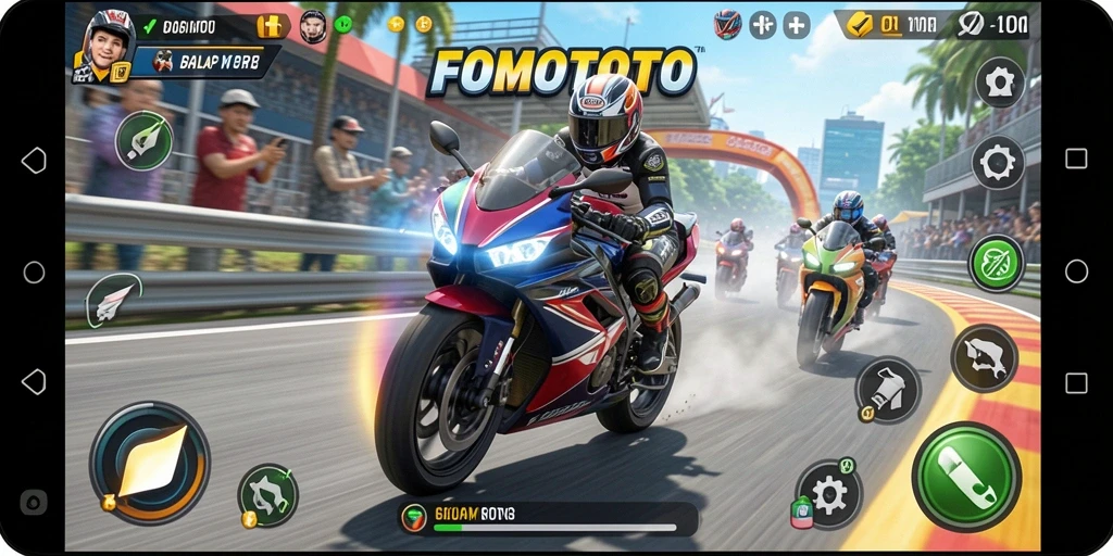 Tampilan gameplay <strong>FOMOTOTO</strong> yang mendebarkan saat balap motor.