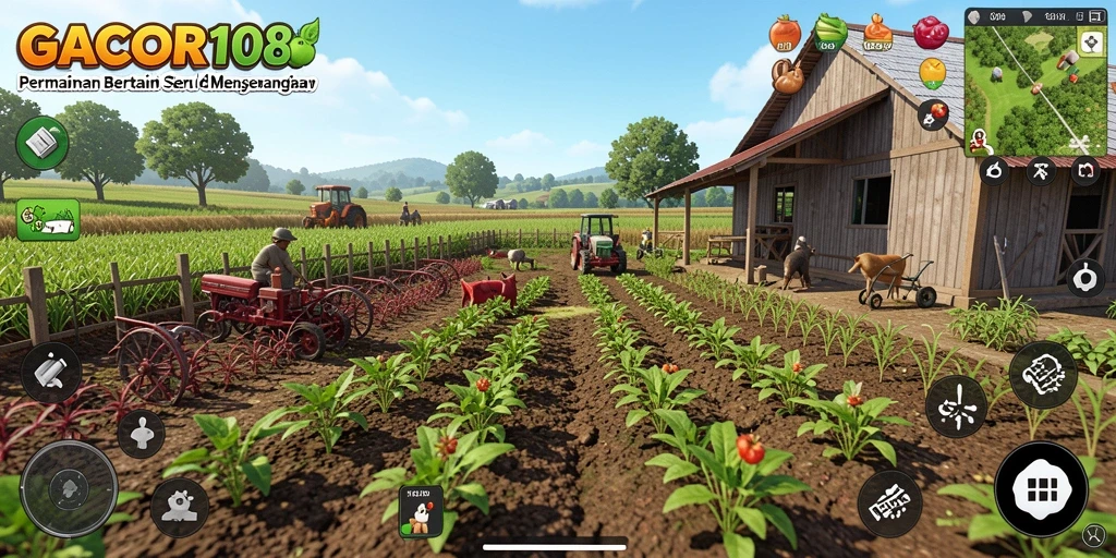 Tampilan gameplay GACOR108 dengan aktivitas bertani yang seru.