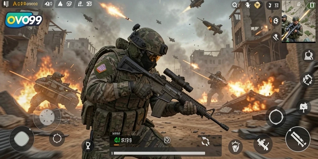 Screenshot gameplay OVO99 yang menampilkan pertempuran FPS yang intens.