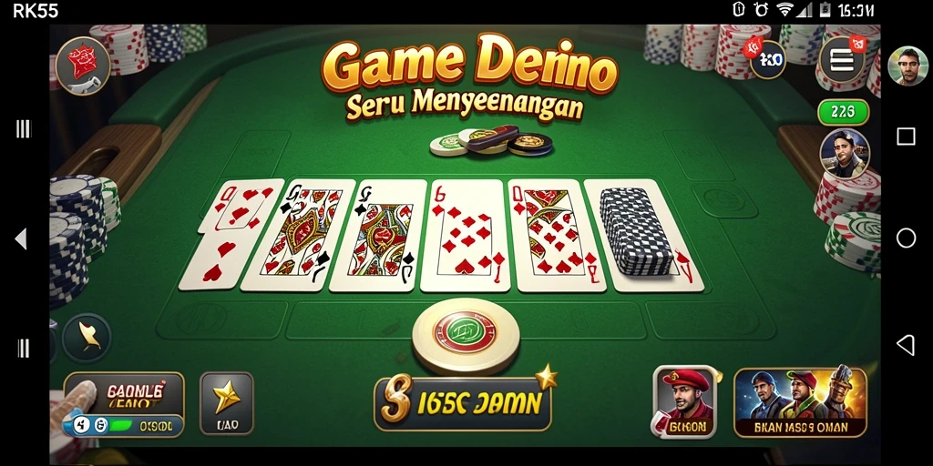 Tampilan gameplay seru di RK55 dengan berbagai aksi domino.