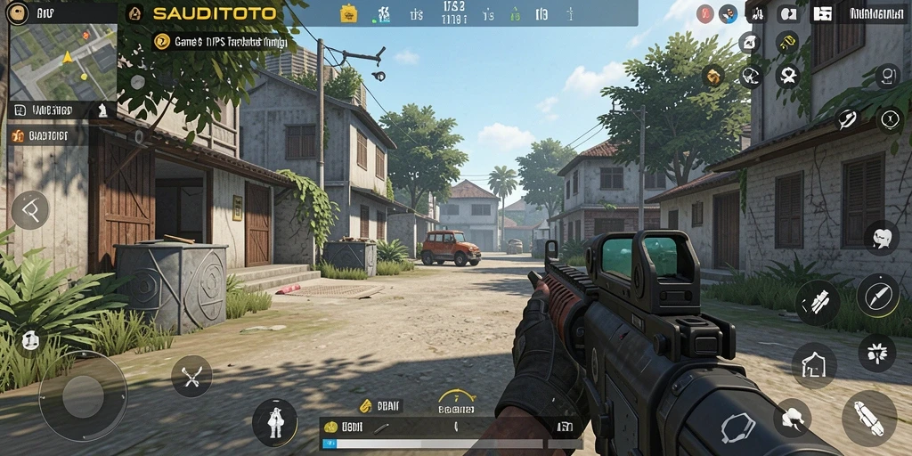 Tangkapan layar utama SAUDITOTO menampilkan aksi gameplay seru dalam pertempuran TPS.