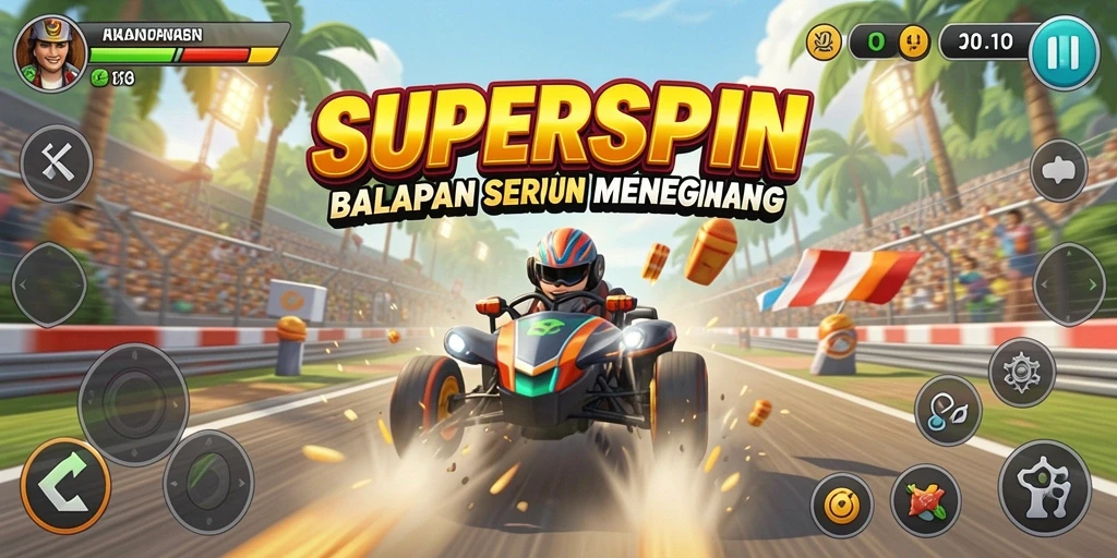 Tangkapan layar SUPERSPIN menampilkan akselerasi cepat di lintasan balapan.