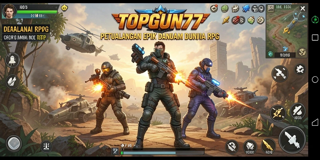 Tangkapan layar menunjukkan pertempuran seru dalam gameplay RPG TOPGUN77.